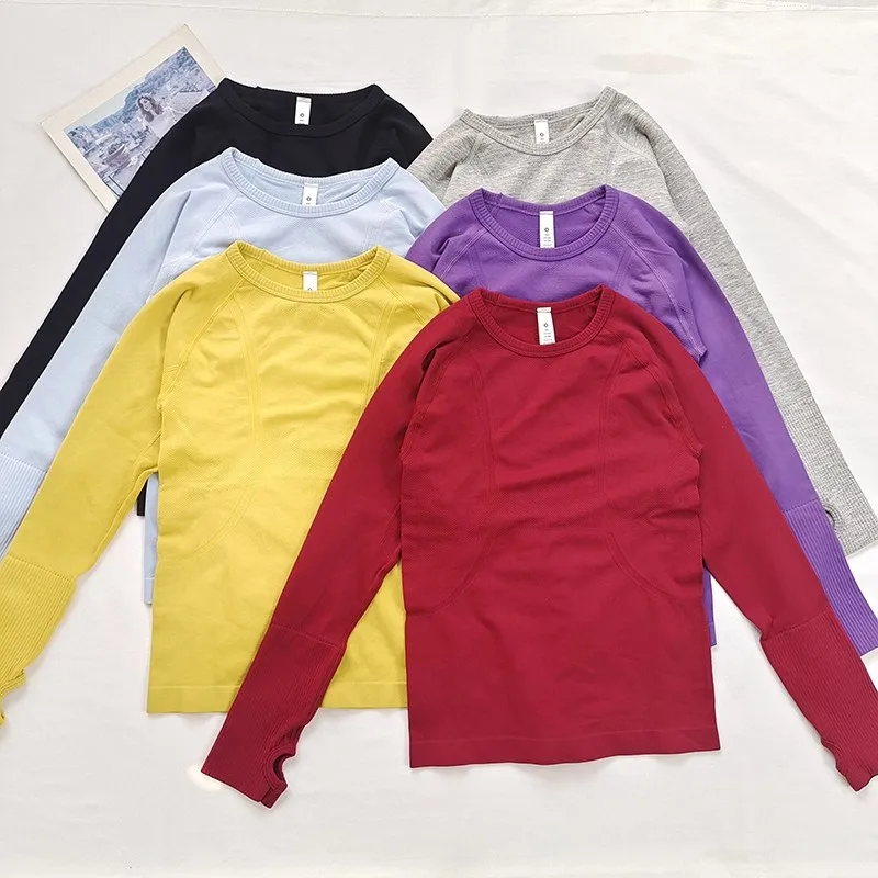 

Yoga Clothing Quick-drying Long-sleeved Slim Breathable Fitness Clothing Round Neck Finger Cots Running Outdoor Sports T-shirt