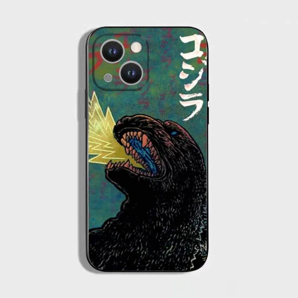 日本モンスター-G-ゴジラ電話ケース iPhone 16、15、14、13、12、11 Plus、Pro Max、XS、X、XR、SE、Mini、8、7、ソフトシリコンブラックカバー用