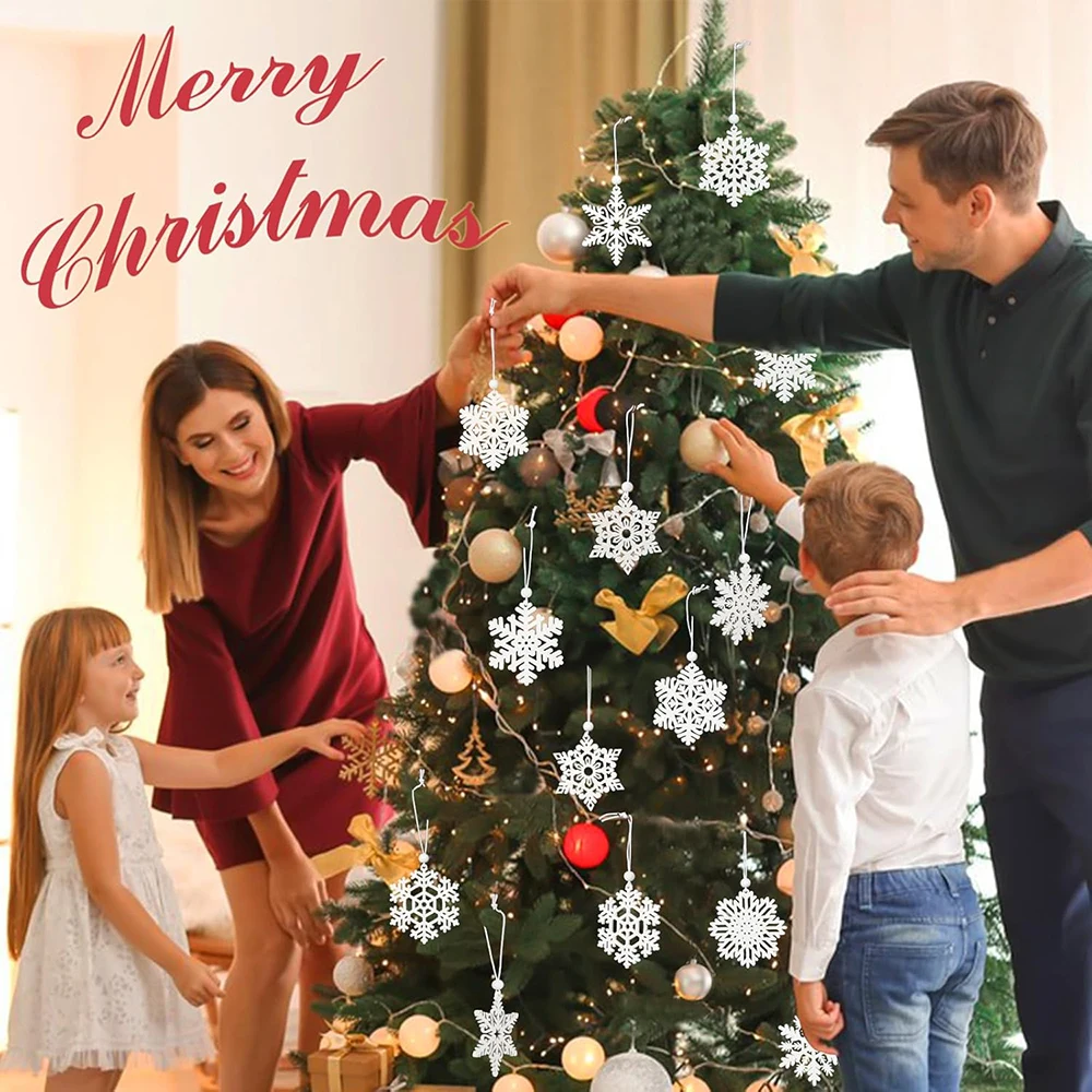 16 قطعة رقاقات الثلج الخشبية البيضاء حلي عيد الميلاد ندفة الثلج للحرف اليدوية زينة معلقة مع خيوط إكليل شجرة المنزل