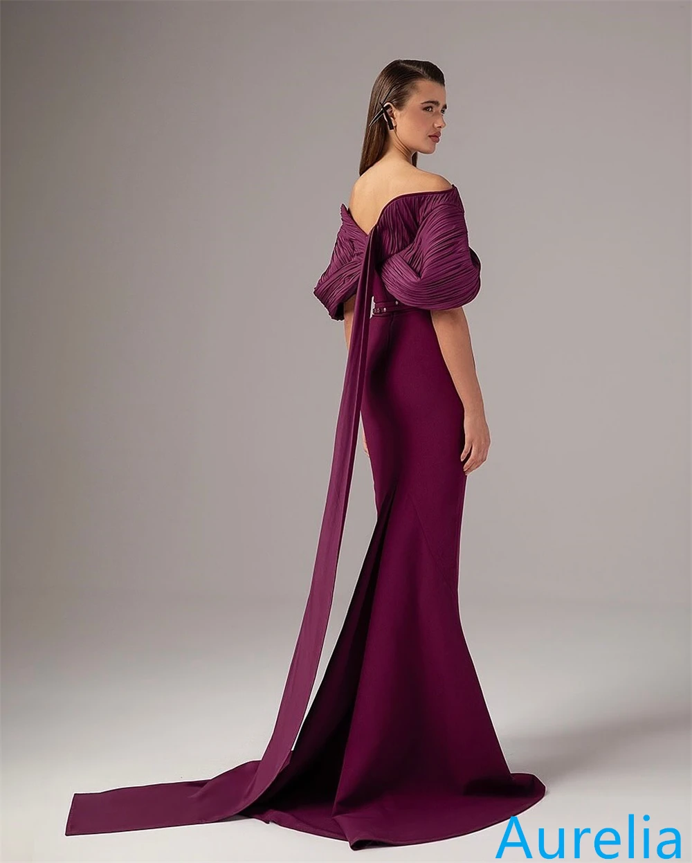 Customized Graceful Fuchsia Jersey Evening Dress Boat Neck Off the Shoulder Short Sleeves Celebrity Gowns Special Occasion Gowns
