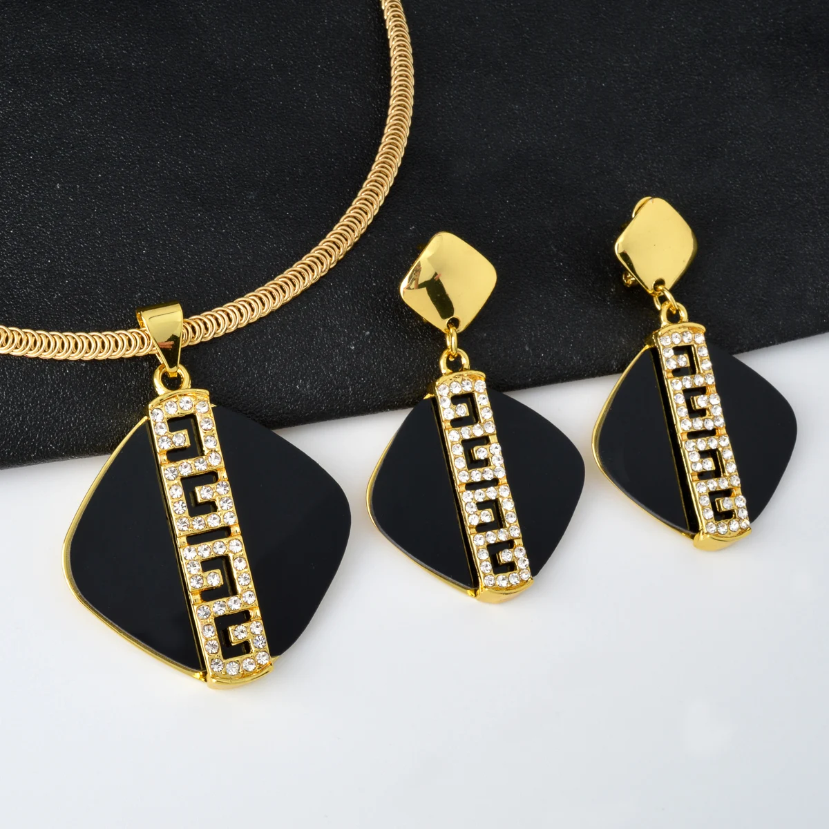 Sunny Jewelry Sets for Women Latest Italian Gold Color Black Zircon Pendant Necklace Earrings Jewellery Accessories Party Gift