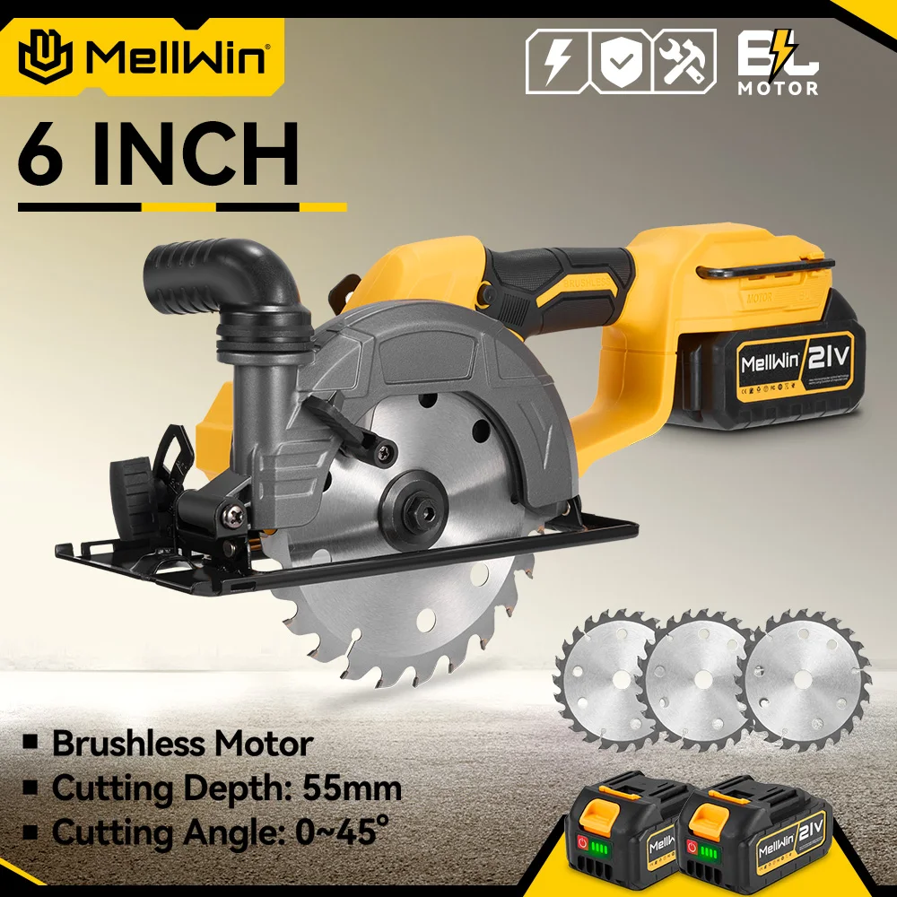 MELLWIN 6 Zoll bürstenlose Kreissäge 7200r Akku-Multifunktions-Elektrosägen Elektrowerkzeug für Makita 18 V Akku-Pin