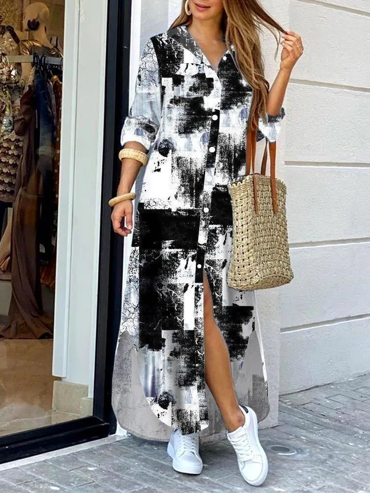 New Summer Personalized Printed Button Long Sleeve Shirt Dress Long Women's Dress 2025 Fashionable Casual Street Loose Dress