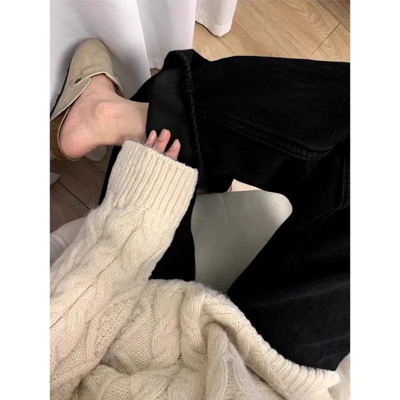 レディース コーヒーカラー フリース裏地付きジーンズ 秋冬 レトロ ハイウエスト ストレートレッグ 着痩せ効果 多用途 フロア丈パンツ