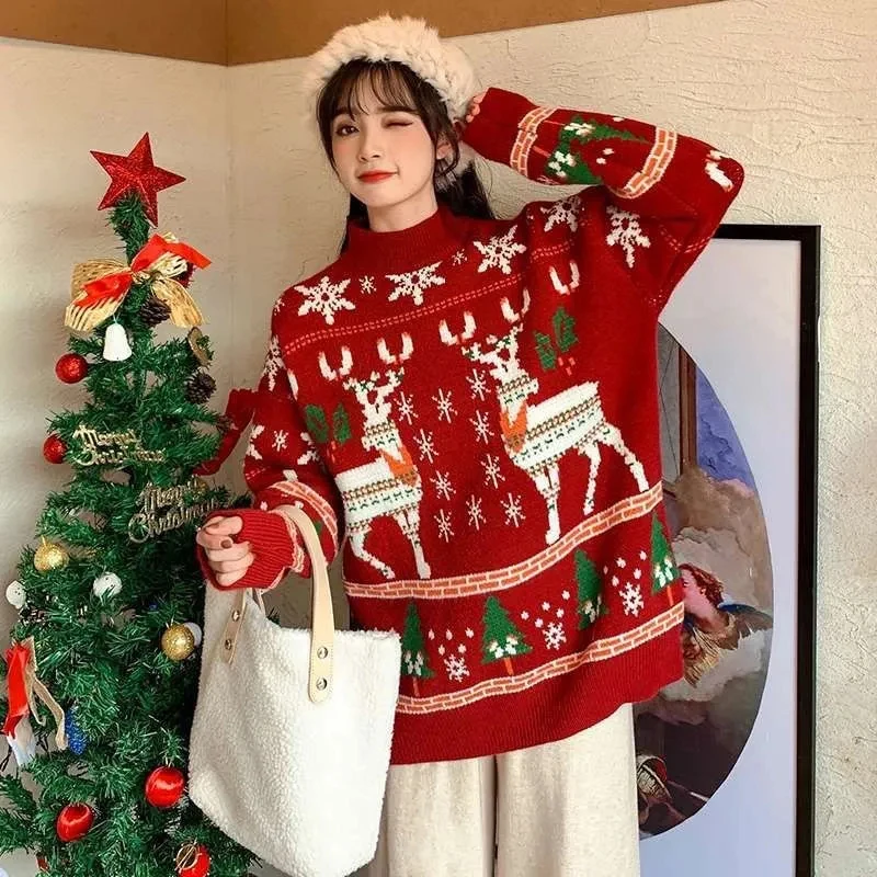 

Retro Jacquard Red Christmas Sweaters Women Fall Winter Loose Thick Warm Jumper Harajuku Couples Knit Half Turtleneck Pullovers