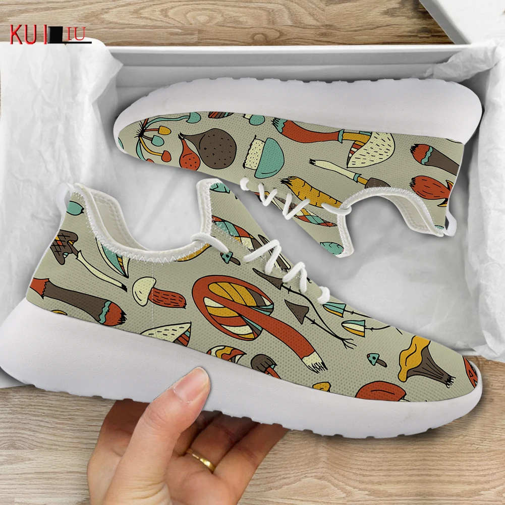 KUILIU Shoes for Women Casual Cute Color Mushrooms Cartoon Lady Sneakers Students Girls Breathable Mesh Lace Up Footwear Custom