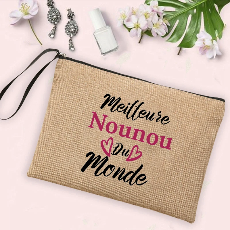 Merci Ma Nounou Adorée Print Cosmetic Bag Women Neceser Makeup Bags Linen Zipper Pouch Travel Toiletries Organizer Nounou Gifts