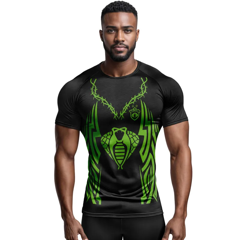 Men'S Green Cobra & Thorn 3D Printed Compression Short-Sleeve Tee Striking Graphic Sports Training High-Quality Gym Wear