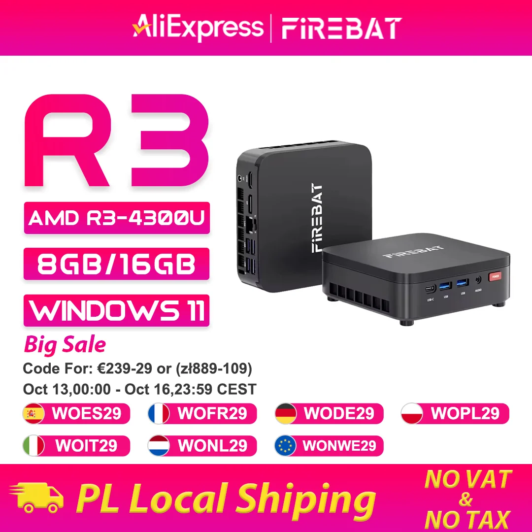 FIREBAT 2026 Mini-PC R3 AMD Ryzen 3 4300U LPDDR4 8GB 16GB RAM 256GB 512GB SSD Windows11 Pro Wifi6 BT5.2 Unterstützt 4K 60Hz Desktop-Computer