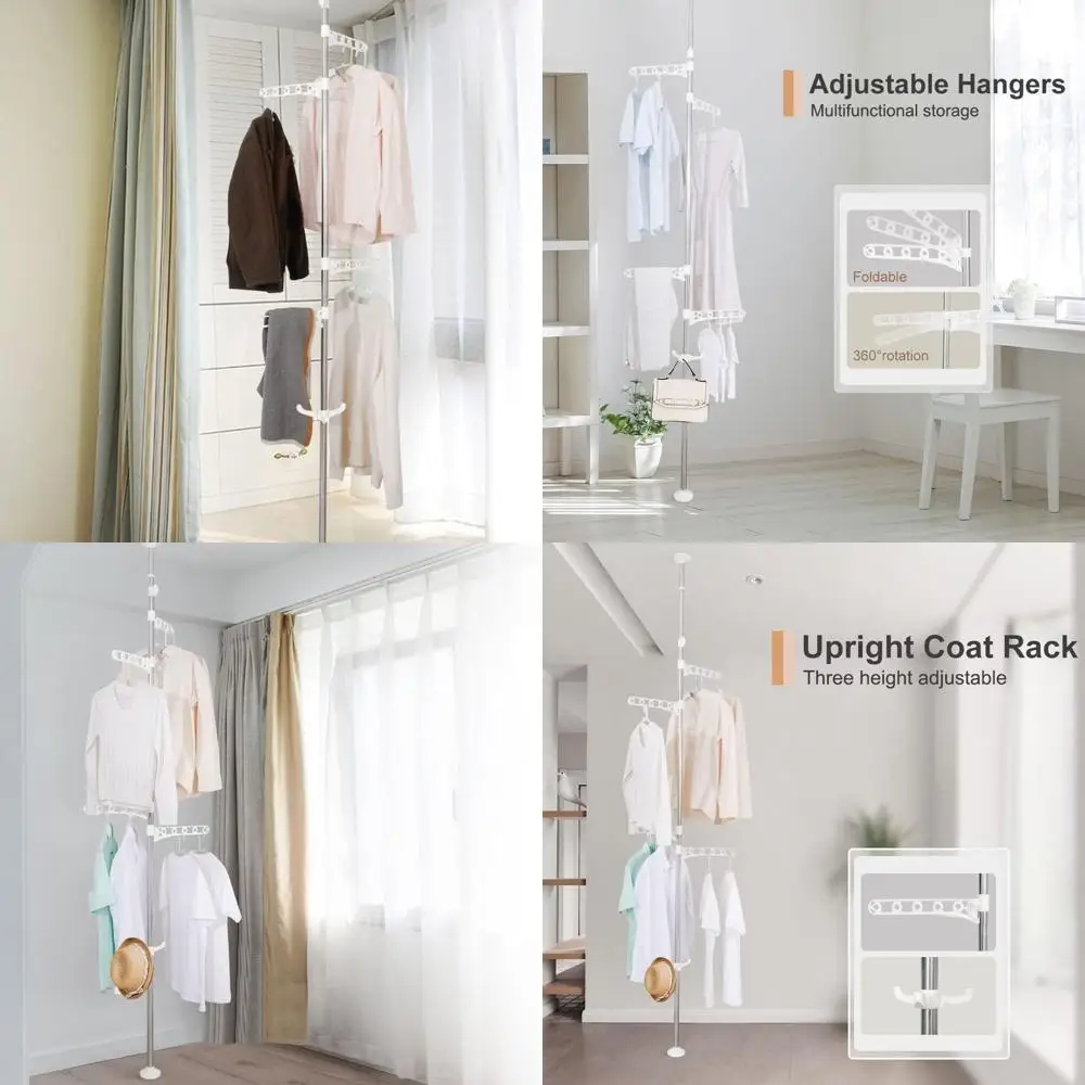 

Ivory Telescopic Corner Laundry Pole with 4 Arms, 1 Hook, and Floor-to-Ceiling Metal Storage Organizer