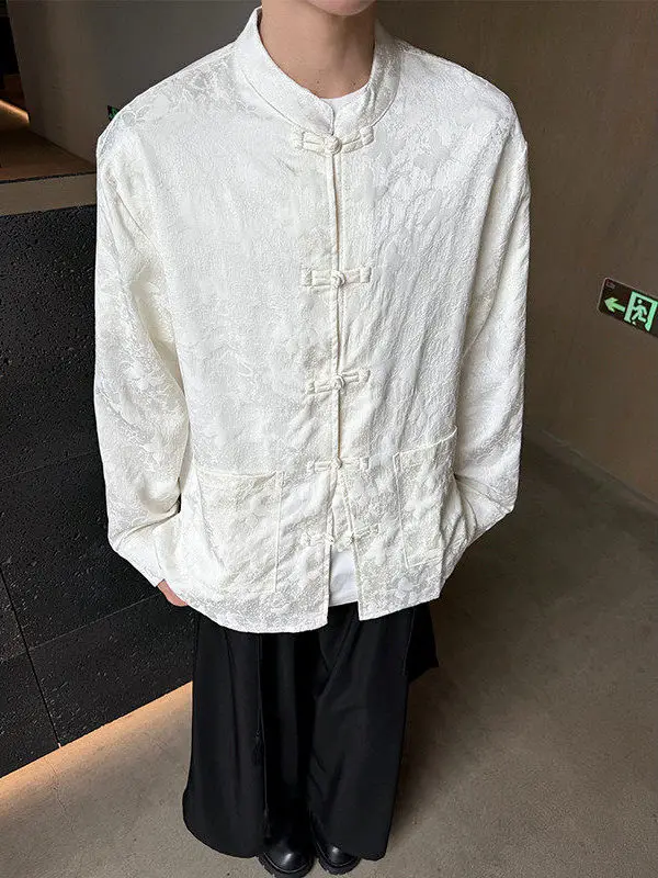 

New Chinese Sle Long Sve Loose Fit irt Men's Casual Outerwear High End Feeling Button up Stand Collar Traditional Chin...