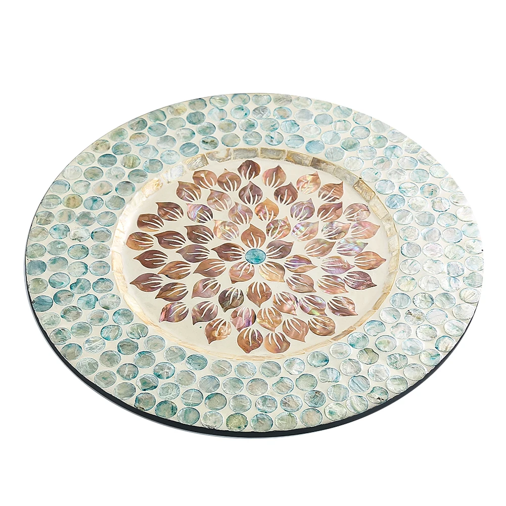 Mother of Pearl Inlay Serving Tray Mandala Flower Wood Coffee Table Decorative Tray Placemats Beach Party Wedding Decor Plate