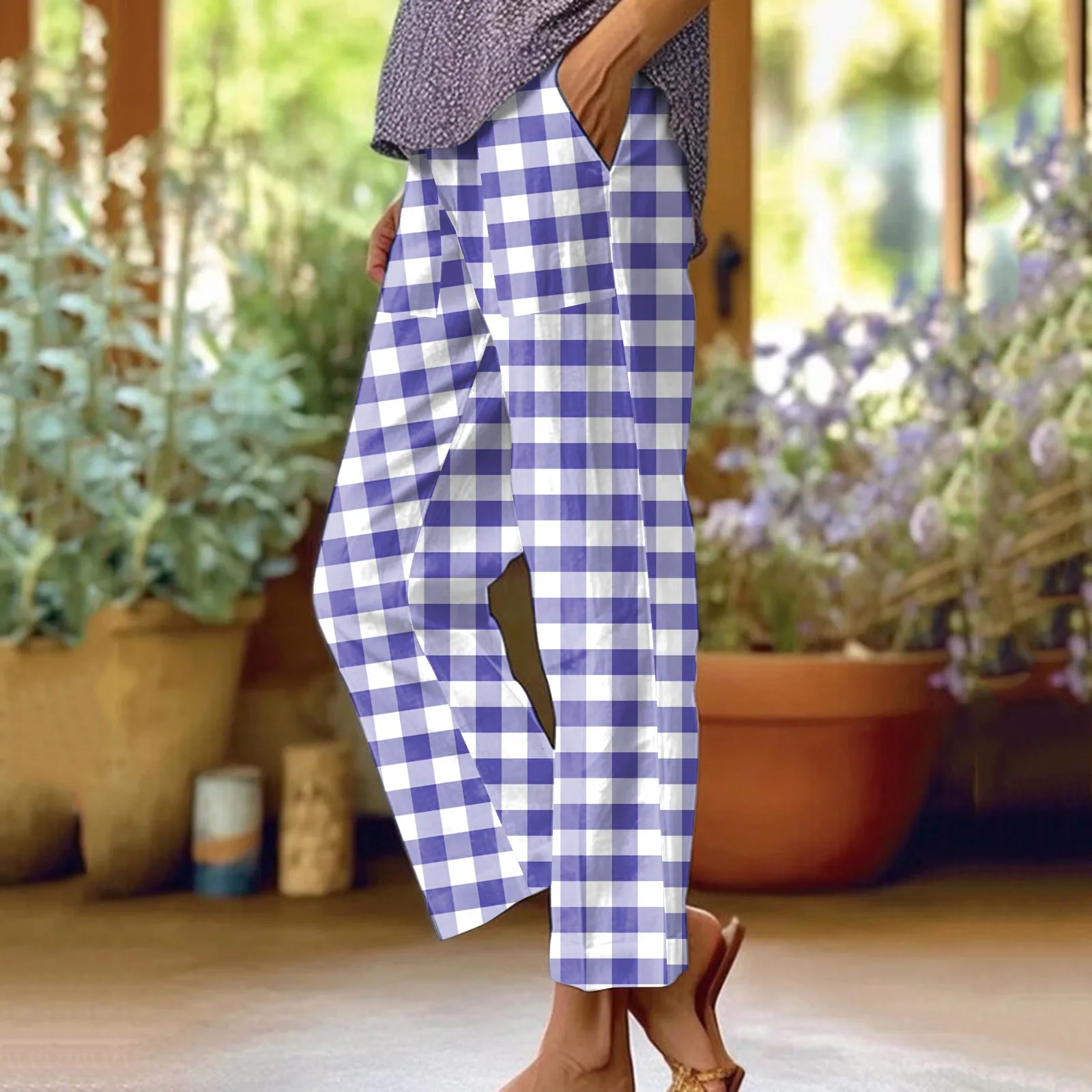 

Women'S Plaid Printed Low Waisted High Elastic Cropped Pants Elastic Waist Loose Straight Leg Female Trousers