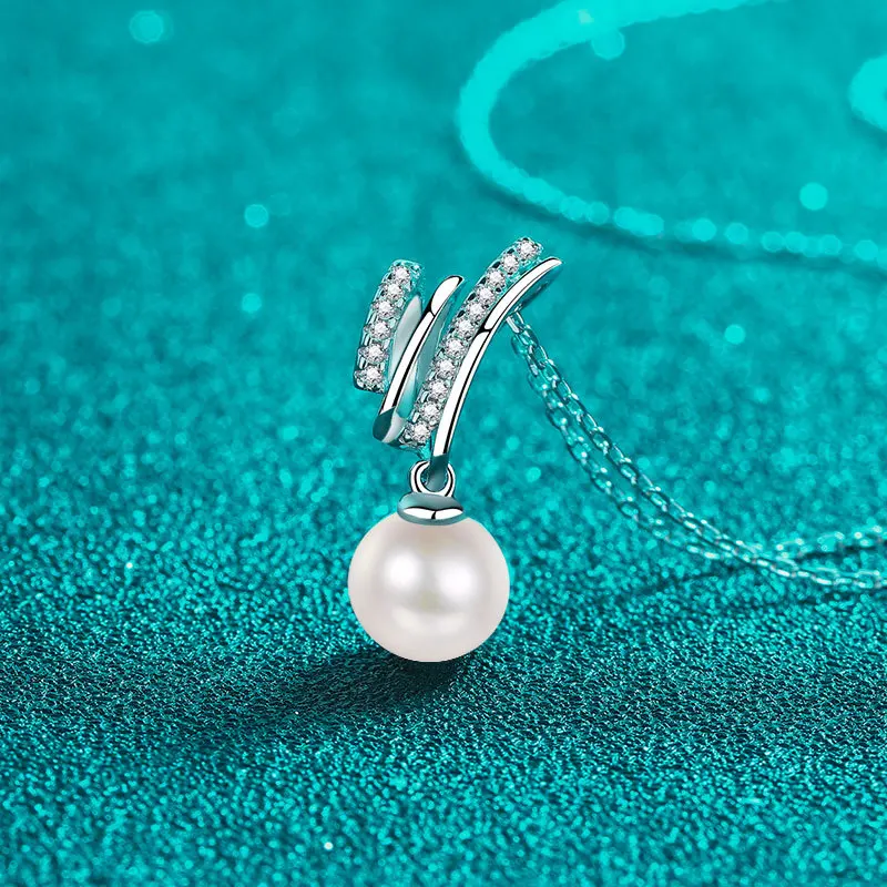 Elegant PT950 Platinum Moissanite 9mm Freshwater Pearl Necklace, Fashion Spiral Pave Diamond Pendant Collarbone Chain