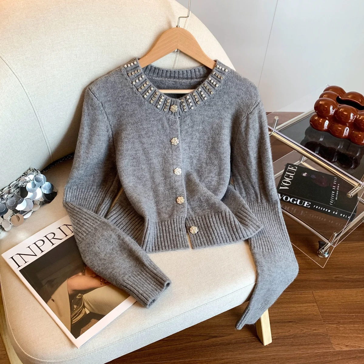 

Женский серый кардиган, свитер, винтажный джемпер 2000-х годов Y2k с круглым вырезом, трикотаж, роскошный укороченный свитер с длинными рукавами, осенне-зимняя одежда