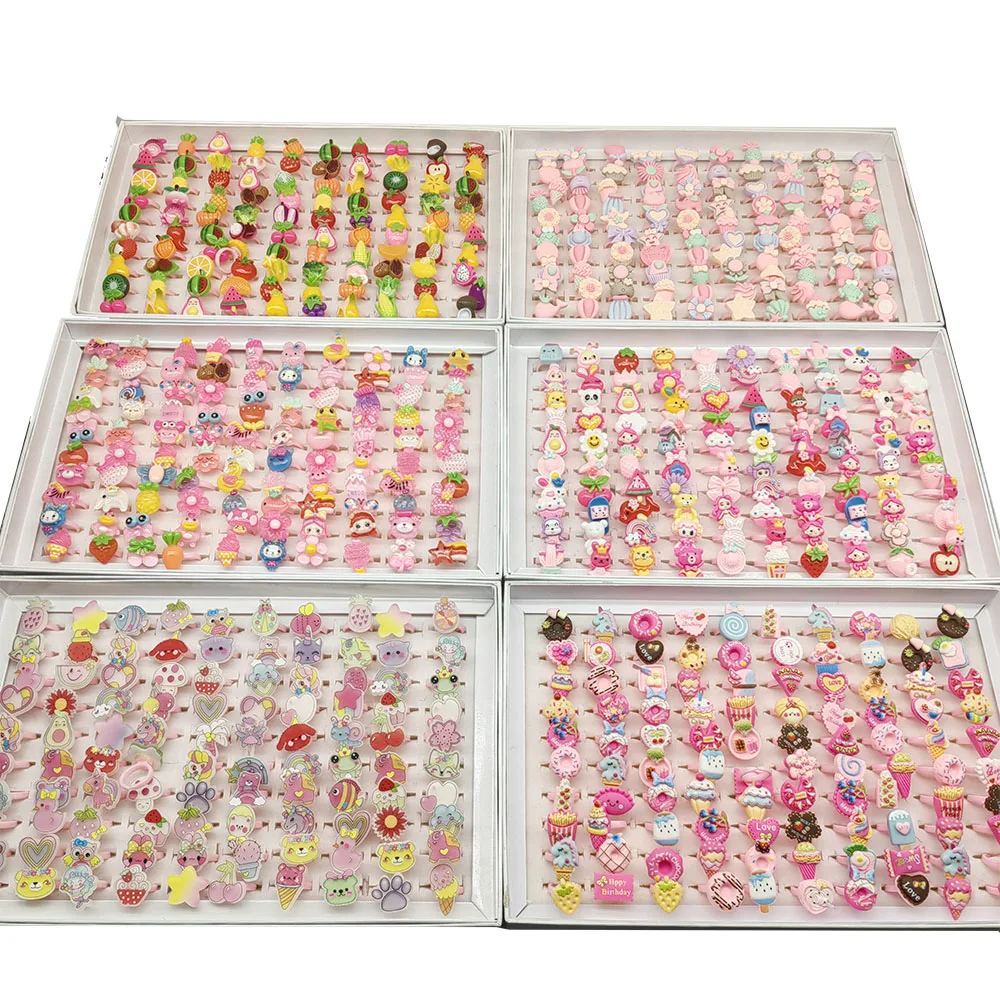 100pcs/Lot Wholesale Children Finger Rings for Girls Party Pink Cute Jewelry Open Adjust Resin Ring Cake Animal Fruit Ice Cream