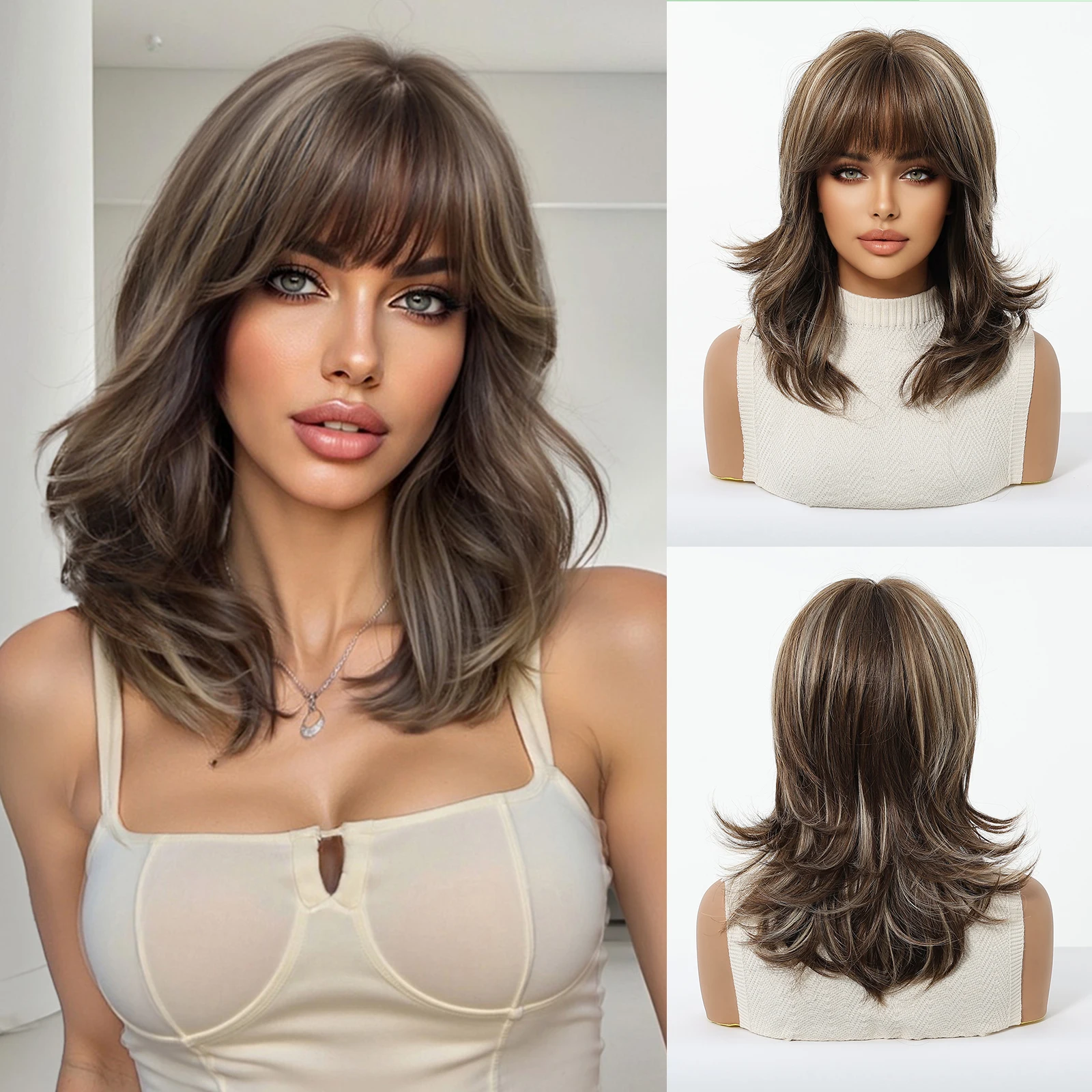 

Short Layered Wigs Brown Blonde Highlights Wig Shoulder Length Synthetic Fake Hair With Bangs Daily For Women Use Heat Resistant