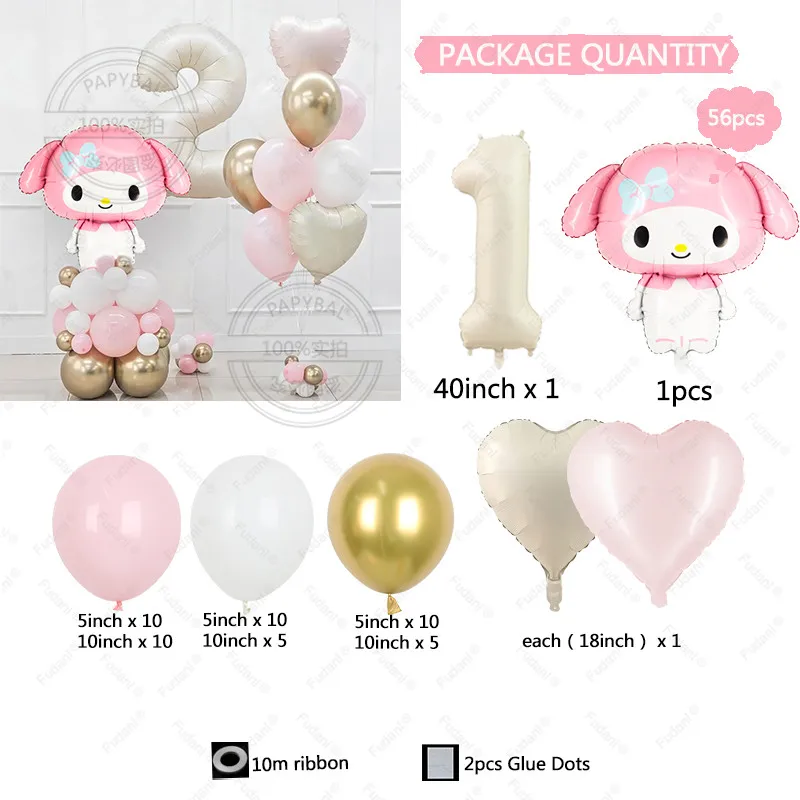 56pcs Kawaii Anime My Melodys Girl Birthday Party Decoration With Number love heart Foil Globos Baby Shower Party Supplies