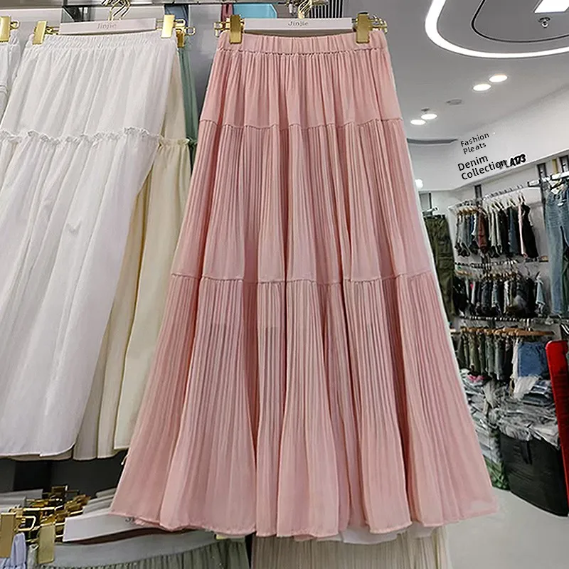 Summer 2025 Women's Midi High Waist A-Line Skirt Pleated Chiffon Cake Skirt plus Size f-length Polyester Fiber Commute Sle