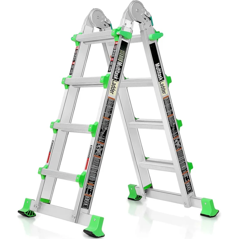 Multi Position 4 Step Ladder Extension, 14 Ft Anti-Slip A Frame Compact Folding Ladder, Adjustable Telescopic Aluminum Ladders