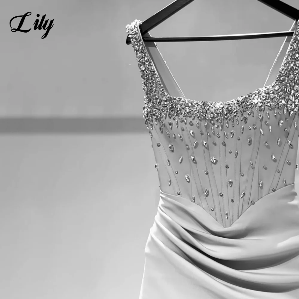 Lily Abito da ballo elegante azzurro Abito da sera con spacco alto laterale in raso Abito formale a sirena senza spalline in cristallo lucido personalizzato