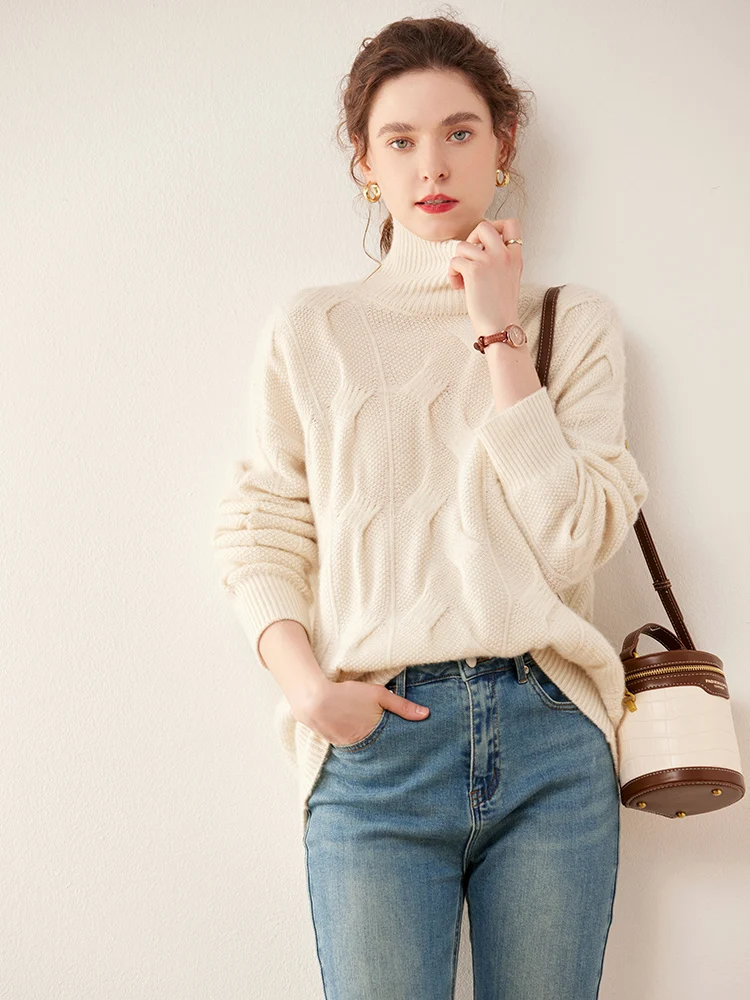 Women's 100% Cashmere Sweater For Winter Thick Soft Warm Turtleneck Twist Flower Cashmere Knitwear Female Casual Loose Jumpers