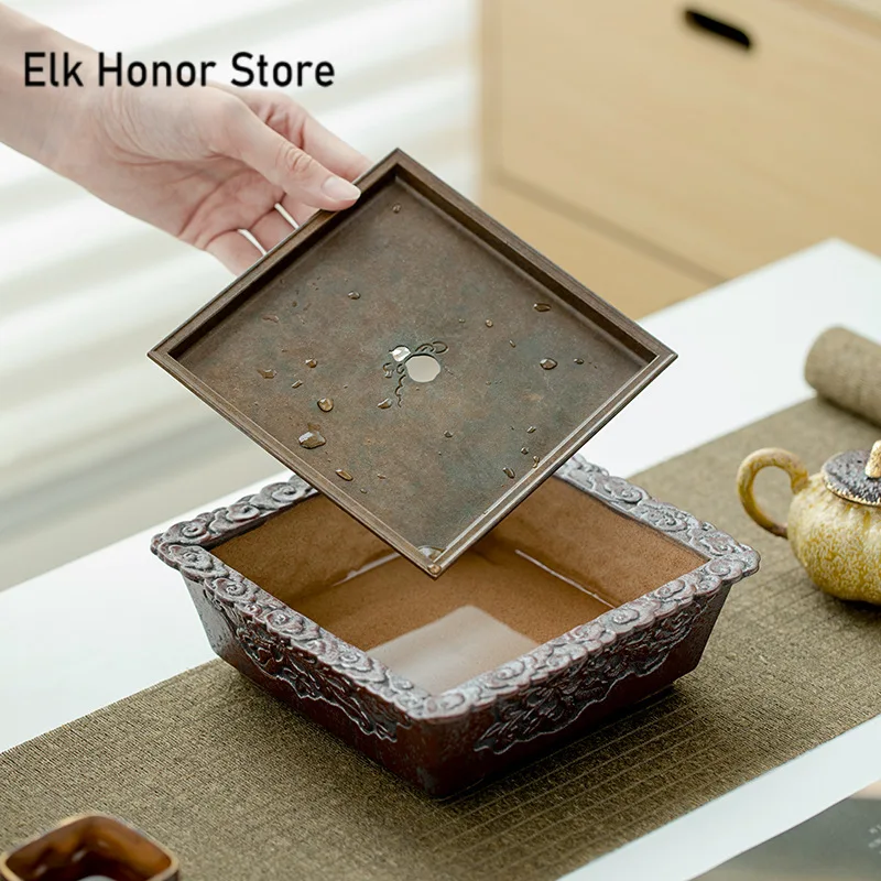 Luxury Old Rock Mud Pot Bearing Holder Coarse Pottery Rust Red Gold Dry Brew Table Tea Tray Household Chinese Tea for Tea Gift