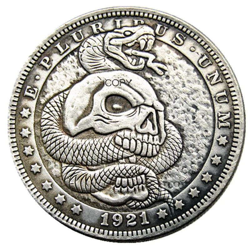 HB(89)US 1921 Morgan Dollar skull zombie skeleton hand carved Silver Plated Copy Coins