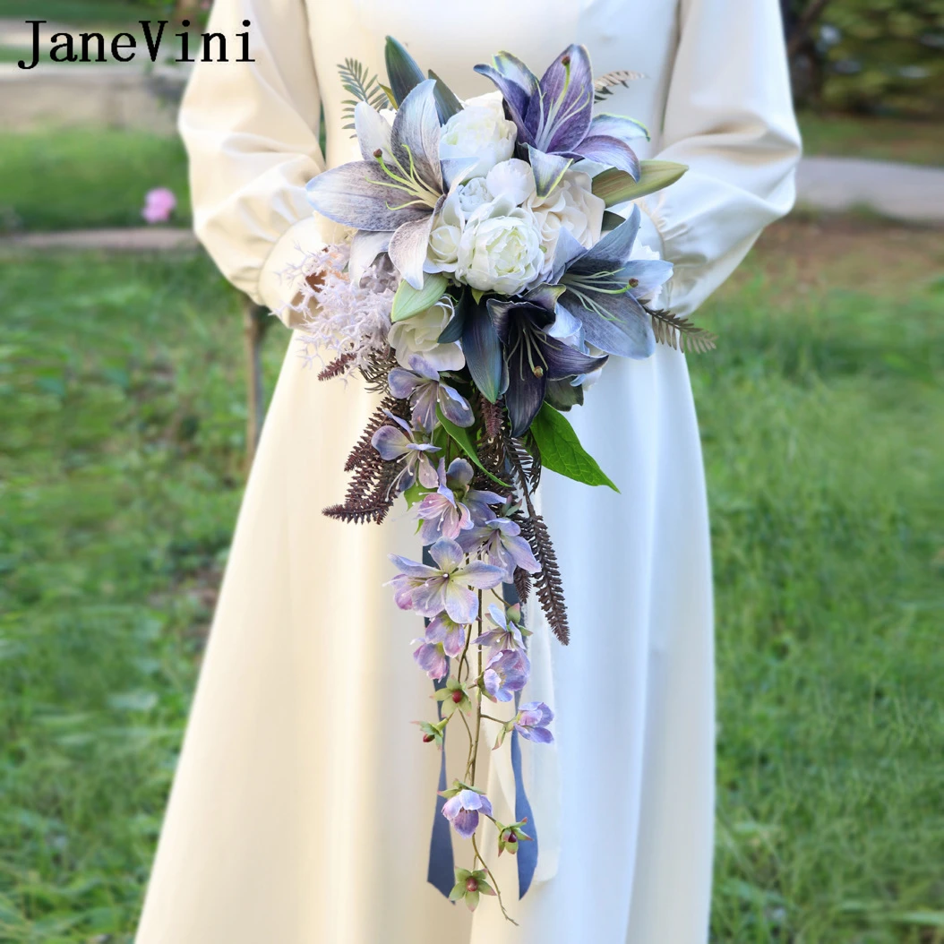 JaneVini Vintage Purple Lily Wedding Flowers Bridal Bouquets Waterfall Bride Accessories wedding Artificial Holding Flowers 2024