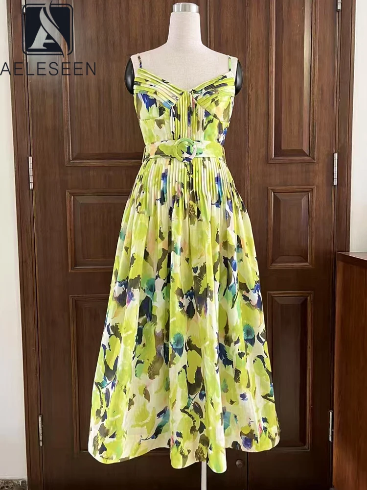 

AELESEENS Boho Floral Printed Spaghetti Strap Midi Dress Women Summer V-Neck Pleated Detailing Belt Slim Elegant Pockets Party