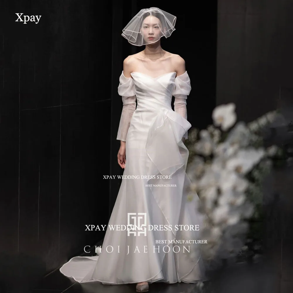 XPAY Charming V Neck Korea Mermaid Wedding Dresses Organza Off Shoulder Long Sleeve Photos Shoot Custom Made Corset Bridal Gown