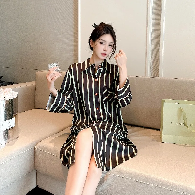 

2025 Spring Autummn Ice Silk One Piece Shirt NightDress Women Mid-Length Sleeve, High-End Green Striped Pajamas Loose Sleepwear