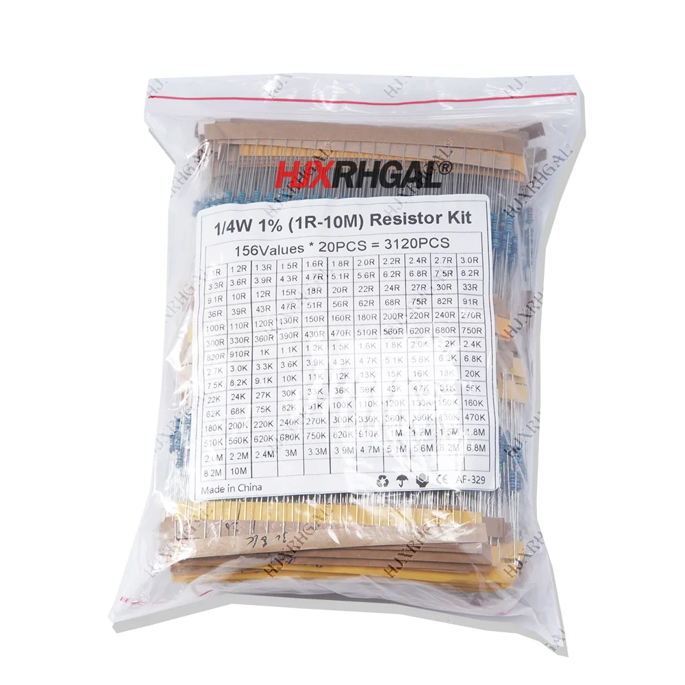 

3120pcs 156Values Electric Unit 1/4W Power Metal Film Resistor Kit 1R-10M 1% Tolerance Assortment Set 1ohm-10Mohm samples pack