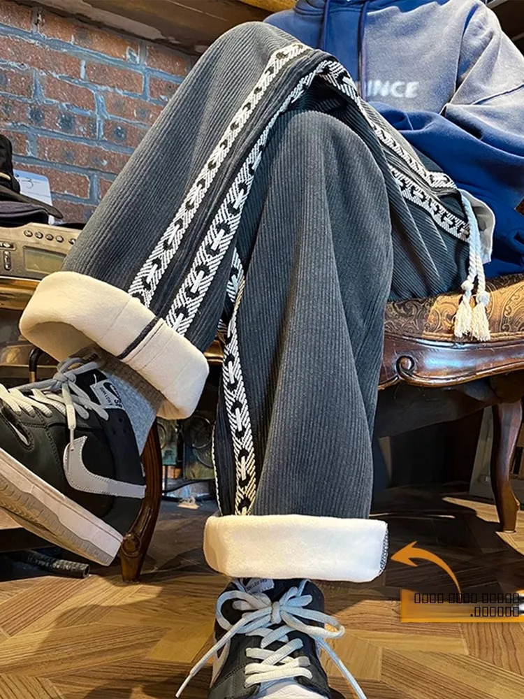 

American Sle Corduroy Pants Men's Winter Thiened Fce Casual Striped Loose Straight Sports Loose Wide Leg Long Trousers