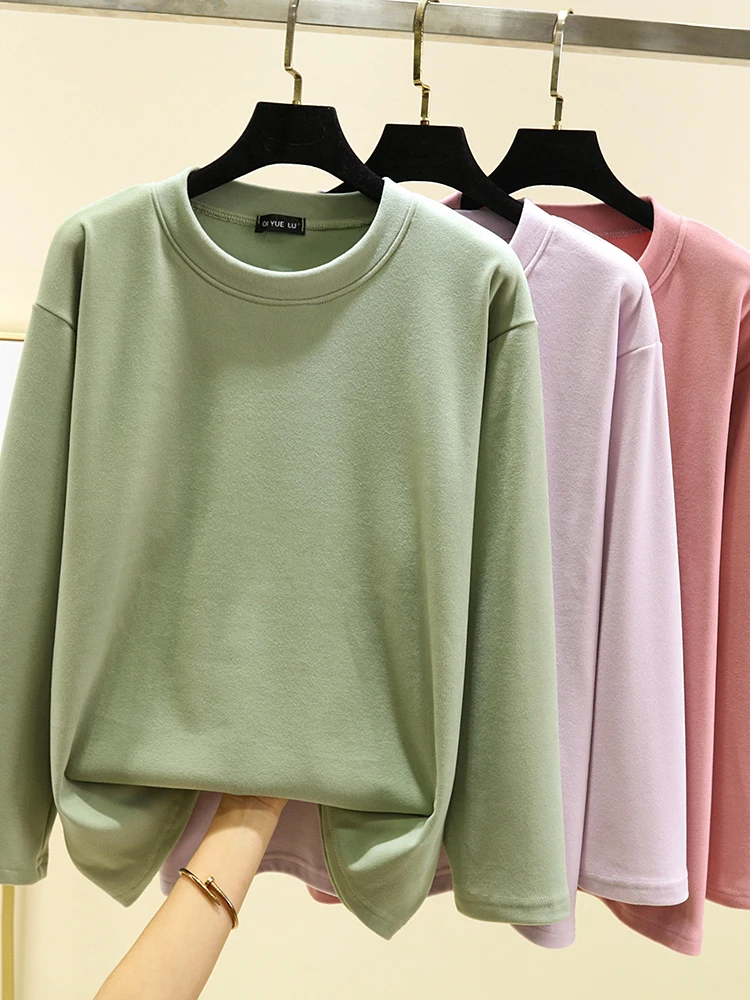 Thiened Fce طويل Sve تي شيرت المرأة الشتاء عادية الجولة Ne البلوز لون نقي فضفاض صالح حجم كبير ملابس داخلية #1