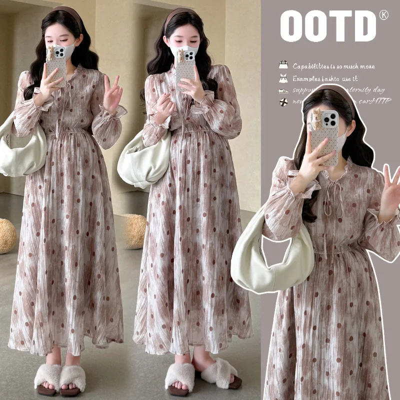 Maternity Dress Spring Autumn New Style Gentle Elegant Sweet Loose A Line Polka Dot Dress Comfortable For Pregnant Woman