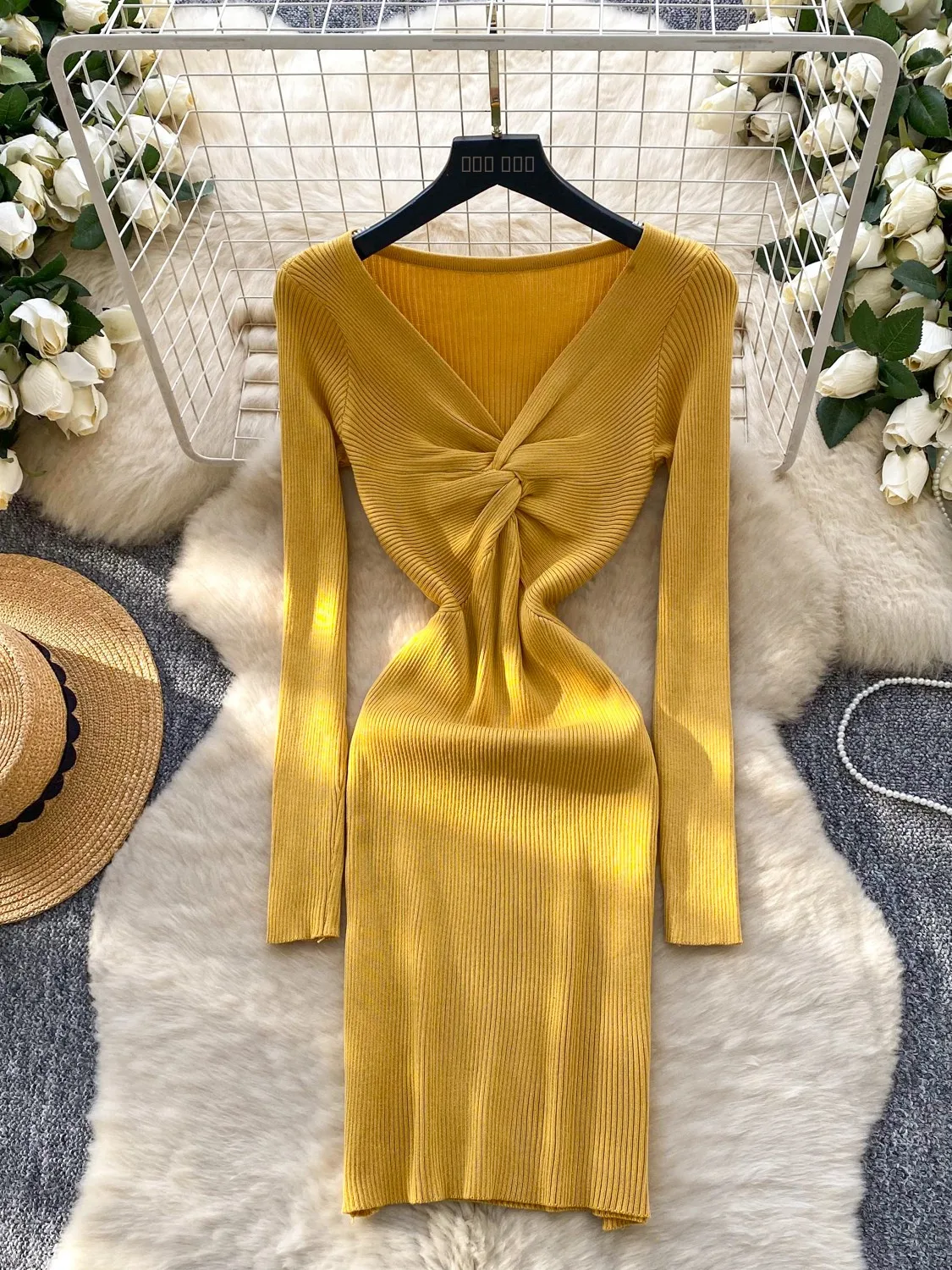 Slim Fit Long Sve V Ne Knitted Dr Wrap Waist High Waist a Line Skirt for Women Autumn Winter Faion Ci Commute