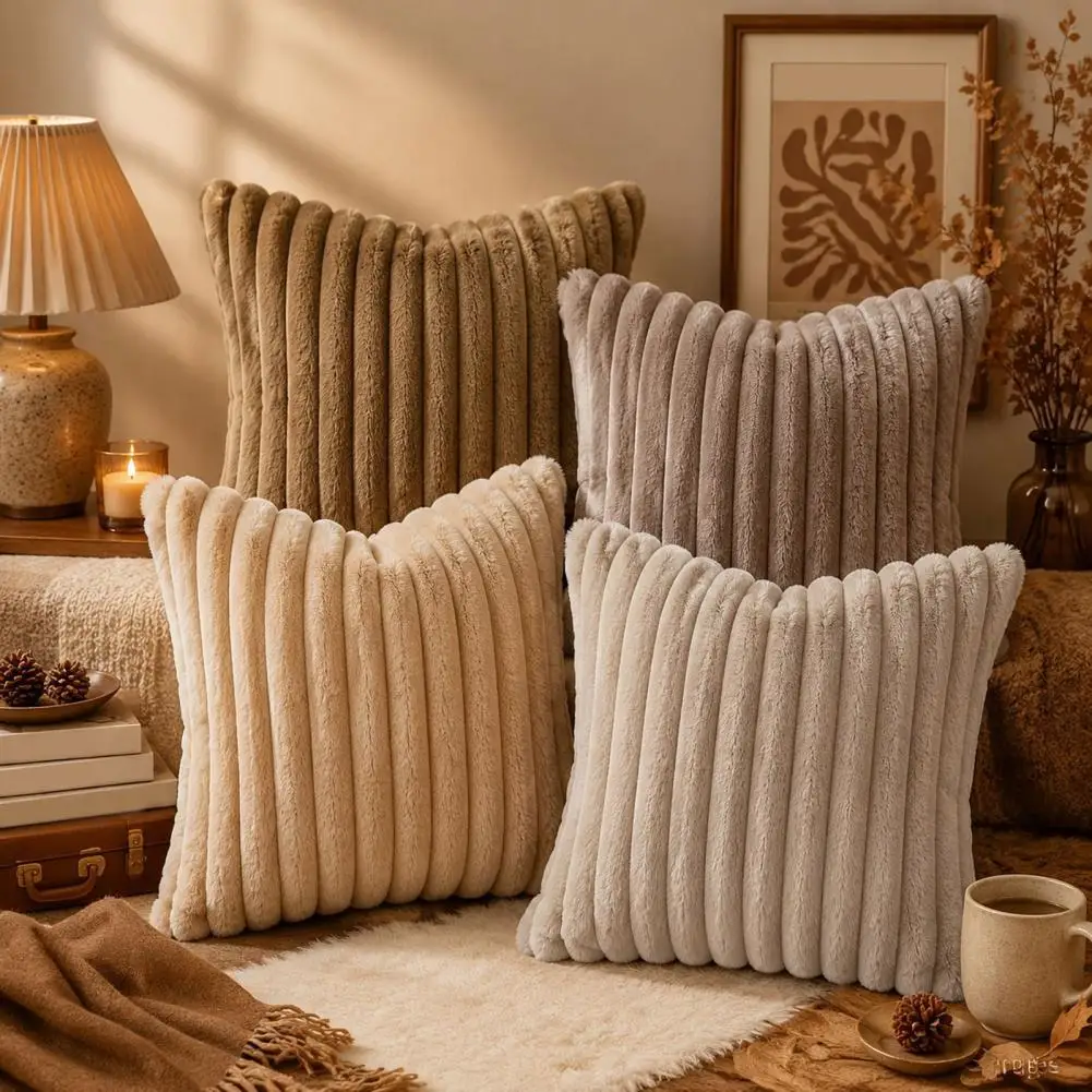 Fluffy Cushion Cover Imitation Rabbit Fur Pillowcase Soft Plush Vertical Stripe Throw Pillow Cover Decorative Cushion for Sofa
