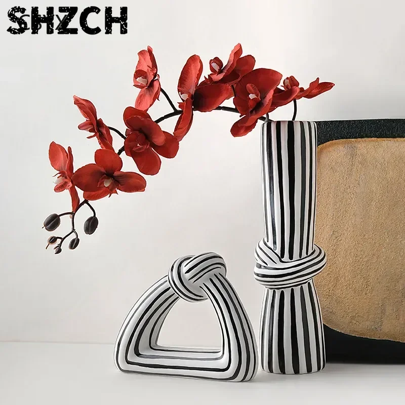 Kreative Retro Schwarz-Weiß Gestreifte Keramikvase Hochwertige Blumenarrangements Wohnzimmer Modellraum Dekoration Ornament