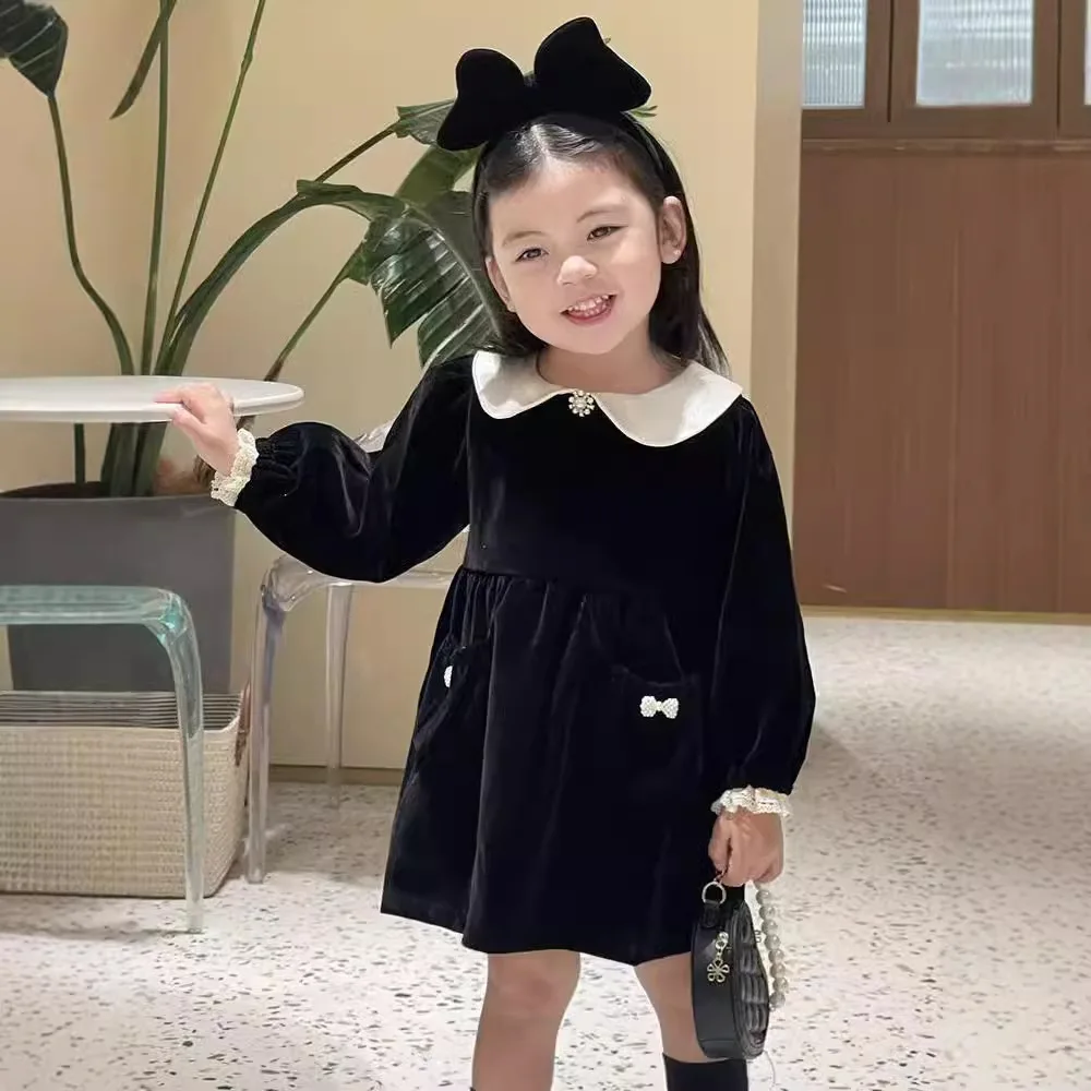 Winter Fall Toddler Velvet Dress For Girls Little Girl Long Sleeve Black Dress 2 3 4 5 6 7 8 9 Year Red Christmas Child Clothing