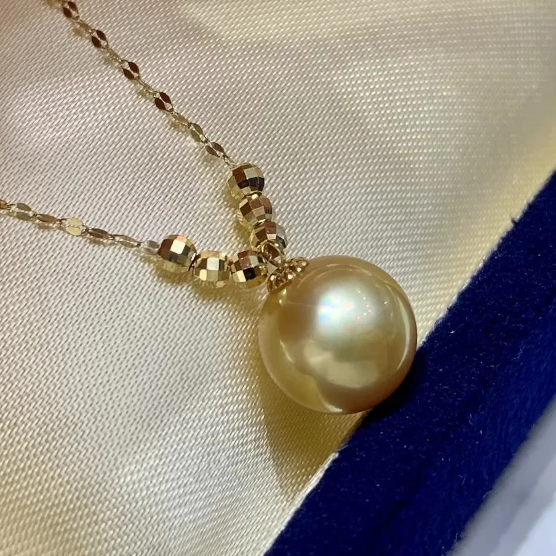 Pearl Necklace Pendant 18k Gold Natural Seawater Gold Beads 9-14mm Luxury Jewelry, Free Silver Chain