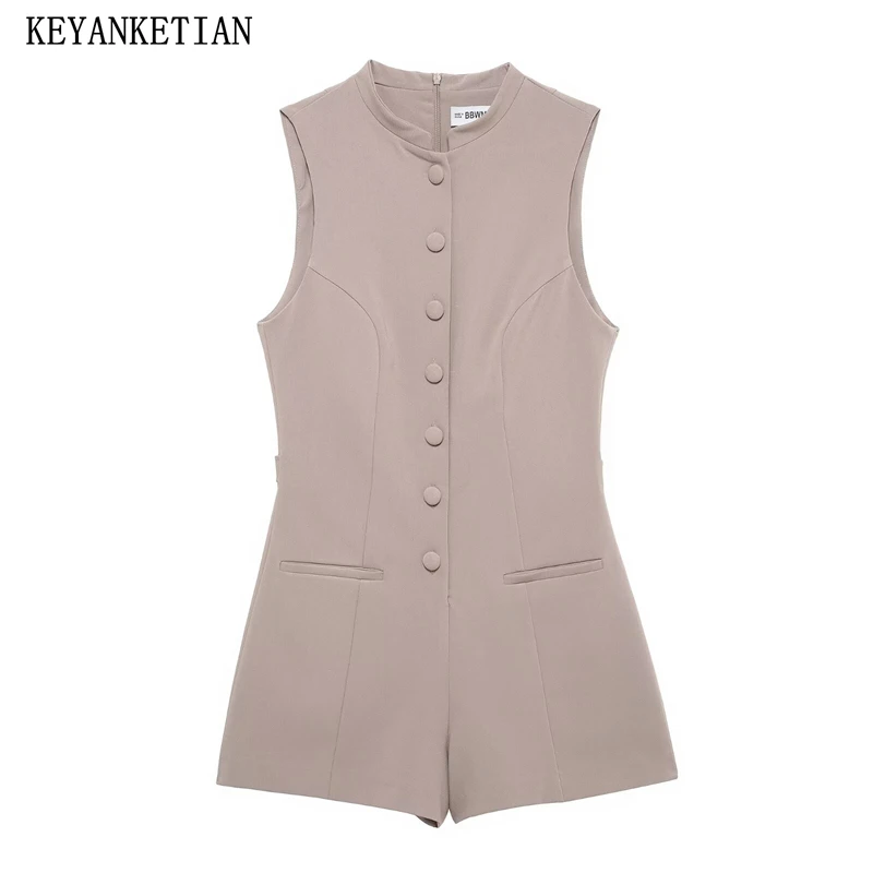 KEYANKETIAN Summer New Women's Single Breasted Decoration Sleeveless Romper Shorts Office Lady Slim O-Neck Straight Pants khaki