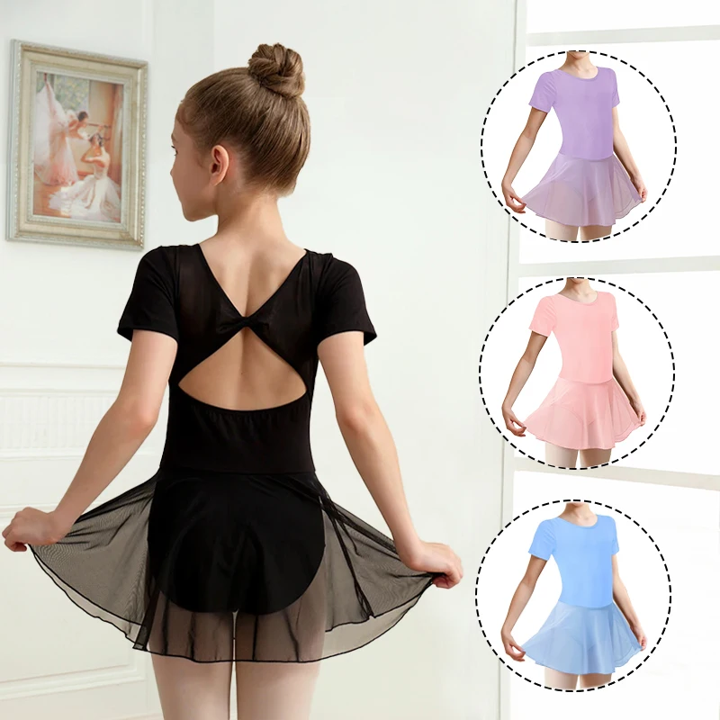 Meisjes Ballet Turnpakje met korte mouwen Peuter Mesh Dansrok Kinderen Terug Boog Knoop Danskleding voor dansvoorstellingen