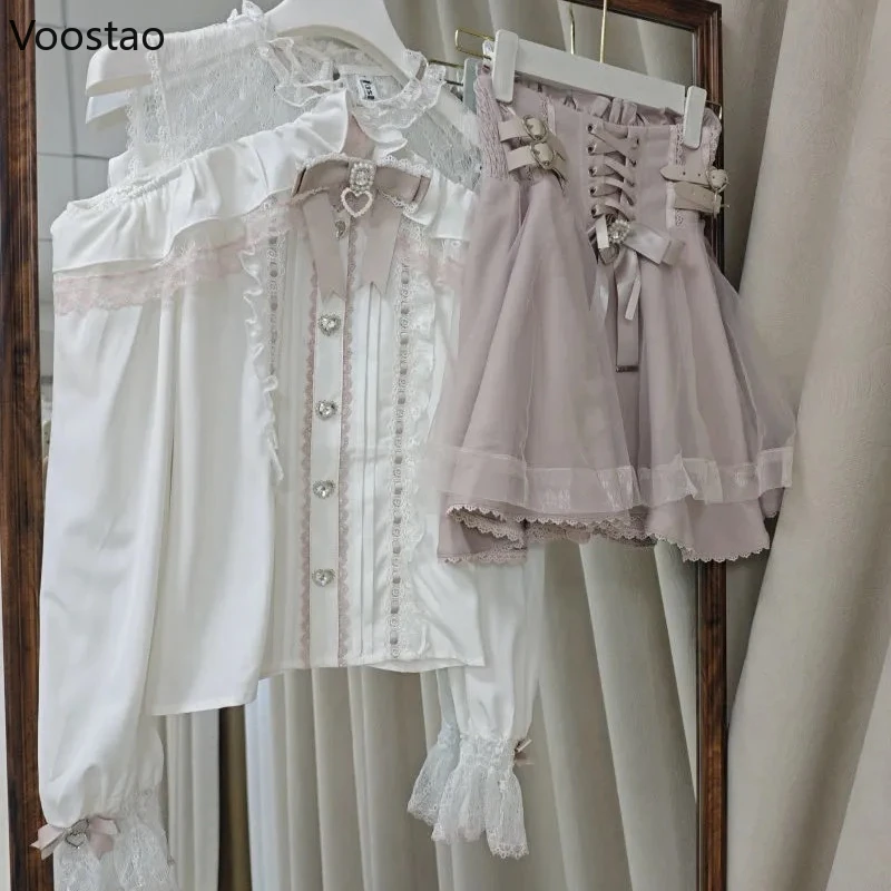 اليابانية Kawaii لوليتا نمط تنورة صغيرة مجموعات النساء الحلو الكشكشة قبالة الكتف القوس قميص التنانير القصيرة Y2k الجمالية لطيف مجموعة كاملة