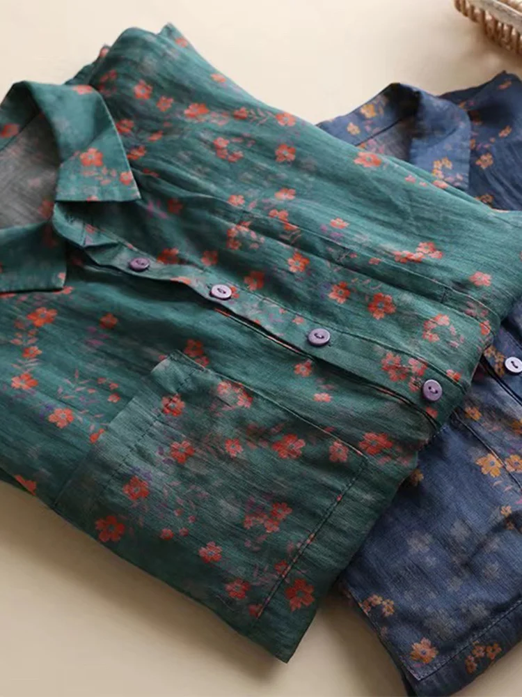Retro bloemen linnen ort Sve casual katoen linnen dames irt kraag knoopdetail losse pasvorm zomer