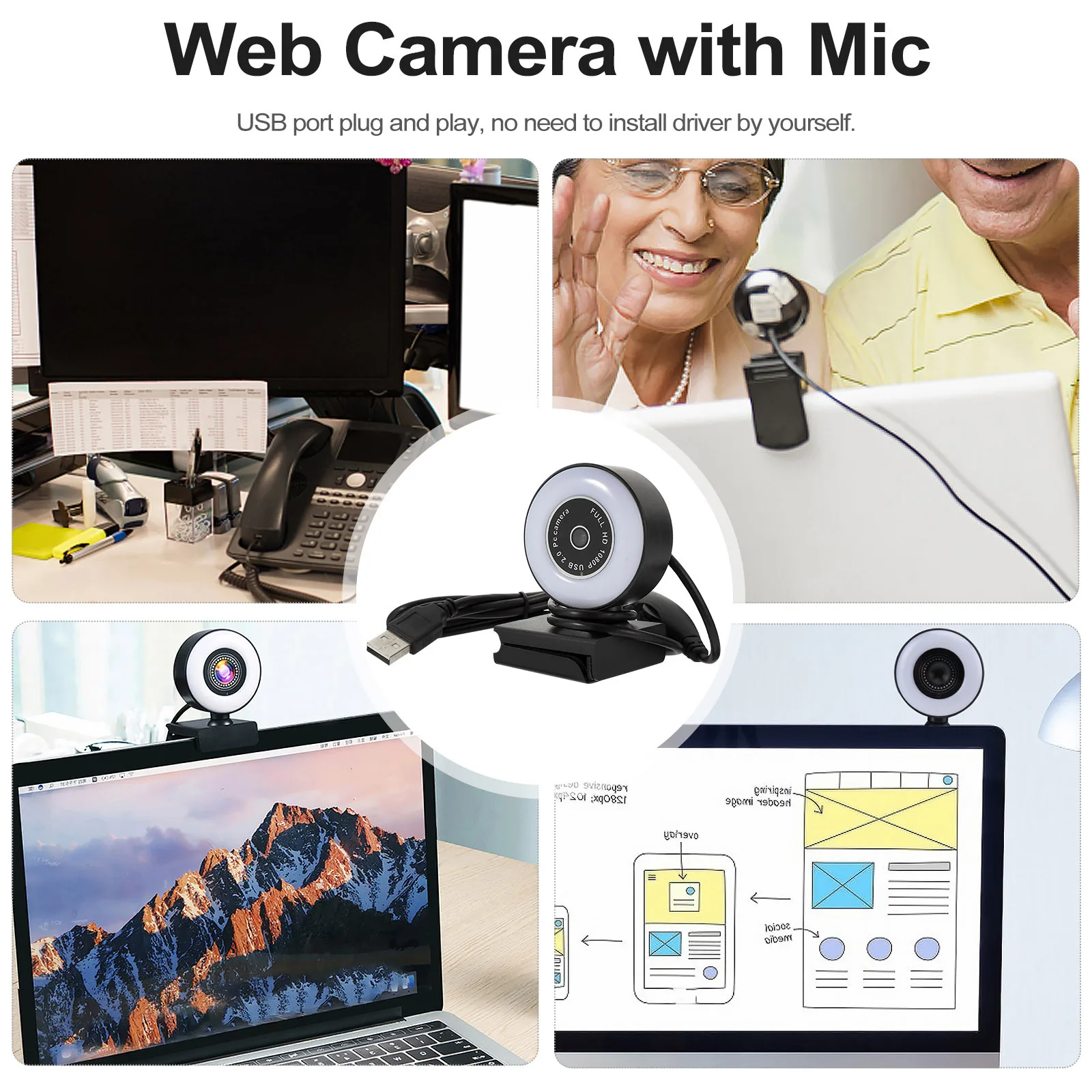 

1080P Touch Control Computer Camera 5Mp High Definition Web Camera with Mic for Live Video Meeting Drive Free USB Connection