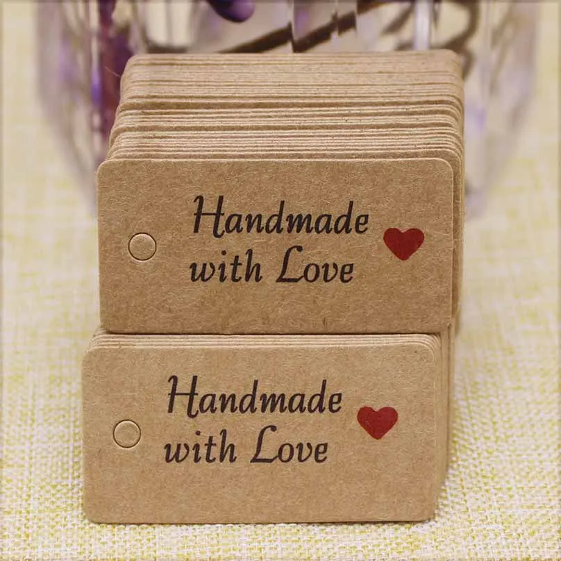 

100pcs Kraft Paper Tags with Strings Handmade with Love Hang Tags Garment Tags for Candy/Gift/Cookies Display Packing Label Card