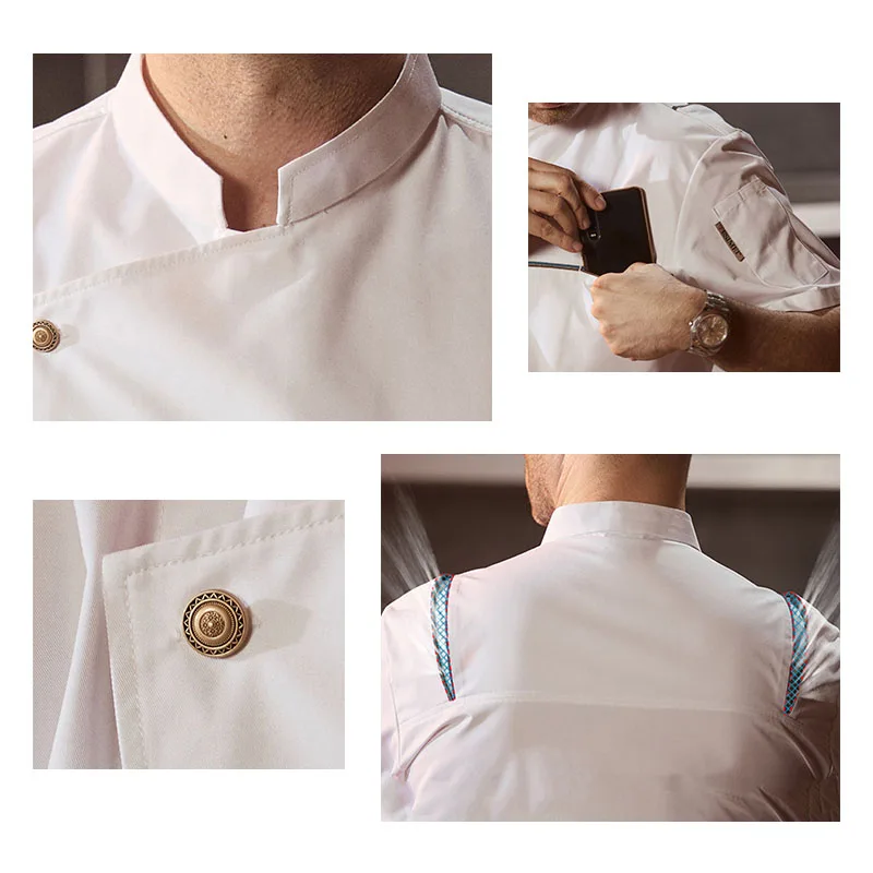 Chef Uniform Catering Waiter สีขาวเสื้อเชิ้ตร้านอาหารห้องครัวทำอาหารแจ็คเก็ตเบเกอรี่ Waiter เสื้อผ้าสำหรับกลับออกแบบตาข่าย Breathable