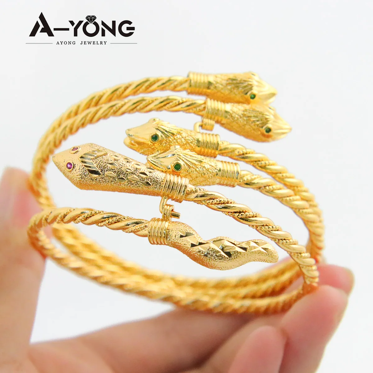 AYONG Gold Color Snake Twisted Cuff Bangles 21k Gold Plated Vintage Single Double Layer Bracelets Dubai African Luxury Jewelry