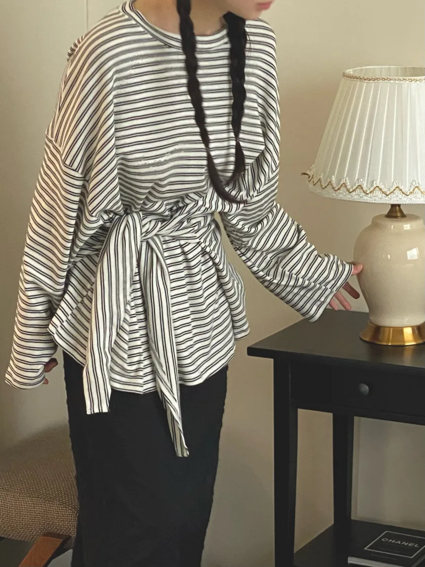 

2Colors Autumn Spring 2026 korean style Loose Girls Striped Long Sleeve t-shirt Womens Lace Up Waist Tees shirt femme( JJ2191